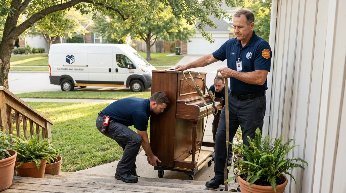 Licensed piano movers securing grand piano in Smackover, AR