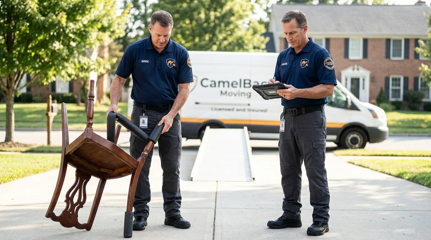 Movers inspecting furniture for damage prevention before loading in Smackover, AR