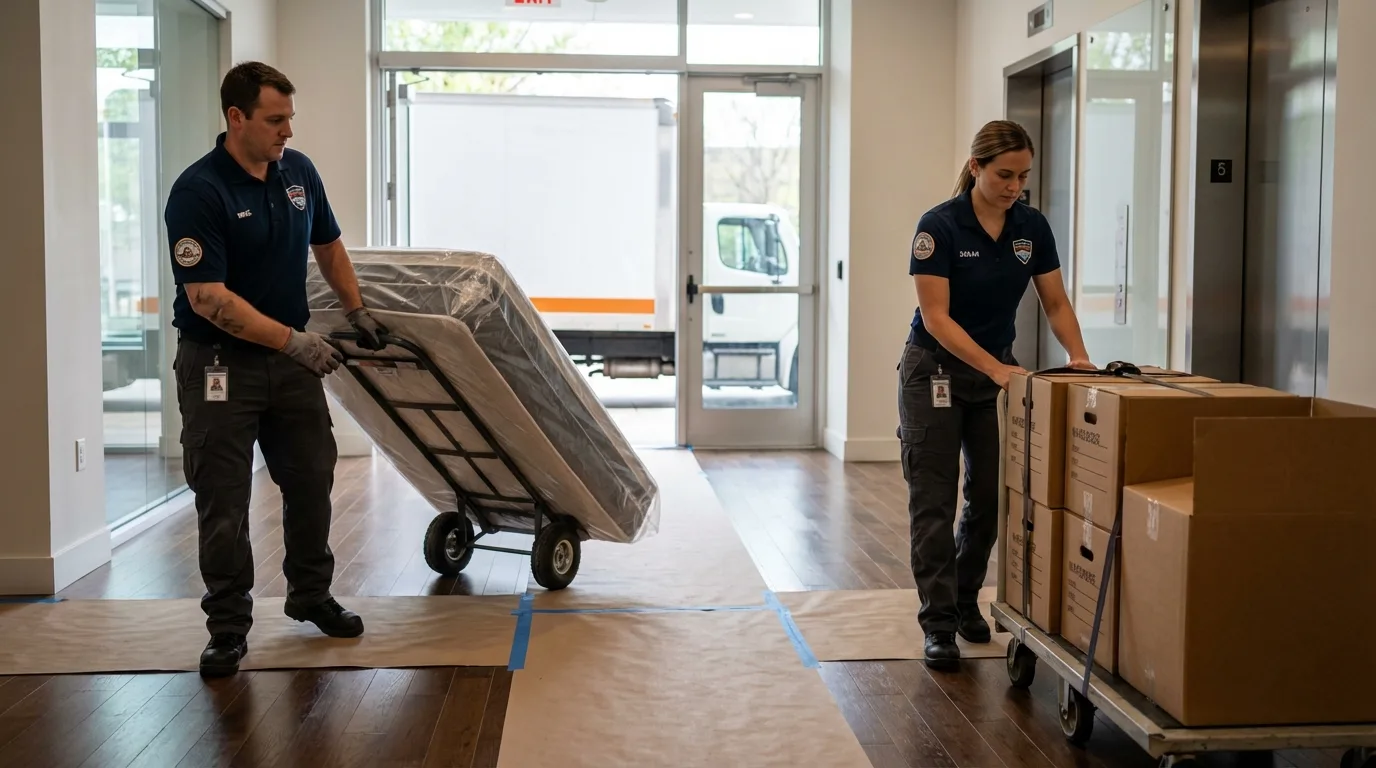 Professional apartment movers loading elevator in Smackover, AR